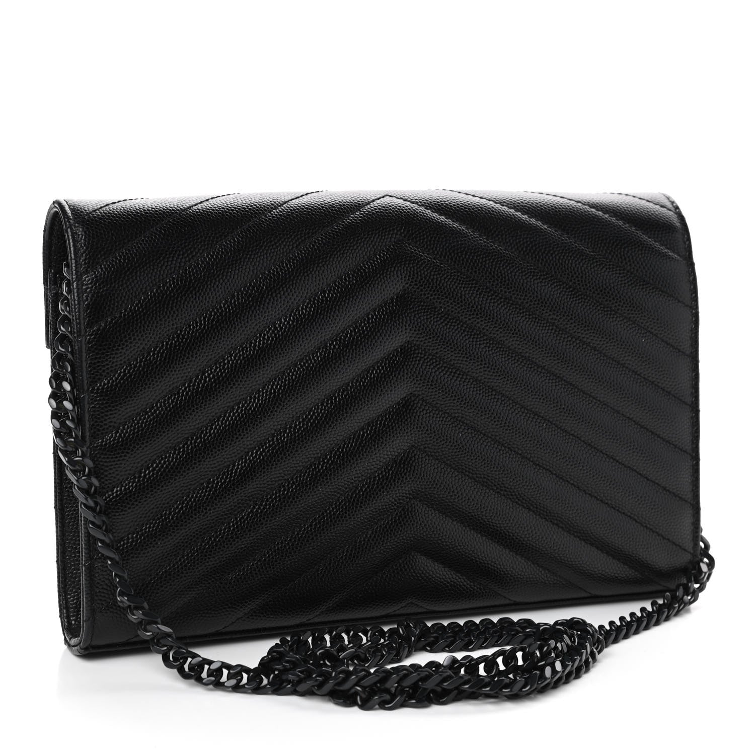 Saint Laurent Grain De Poudre Matelasse Chevron Monogram Chain Wallet Black 2 of 4
