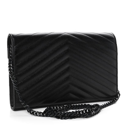 Saint Laurent Grain De Poudre Matelasse Chevron Monogram Chain Wallet Black 2 of 4