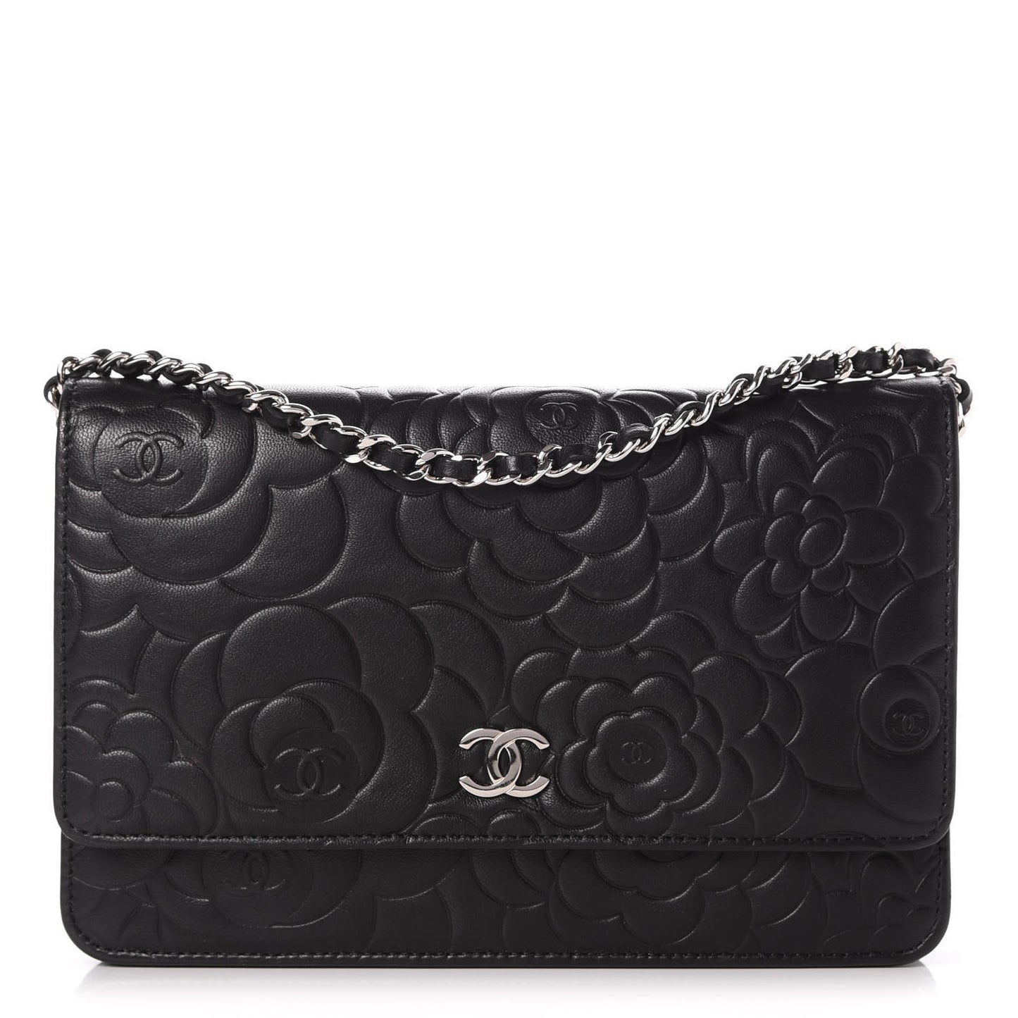 Lambskin Camellia Embossed Wallet On Chain WOC Black