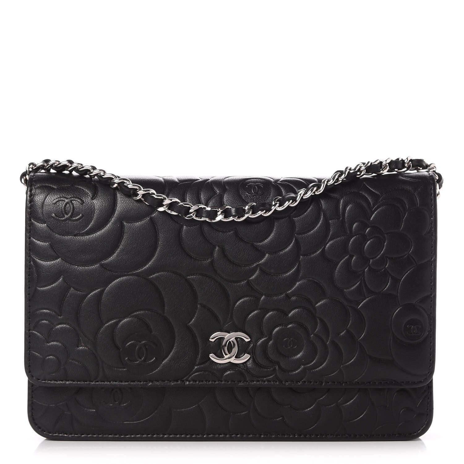 Chanel Lambskin Camellia Embossed Wallet On Chain WOC Black 1 of 10