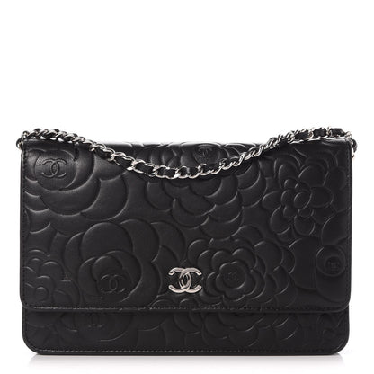 Chanel Lambskin Camellia Embossed Wallet On Chain WOC Black 1 of 10