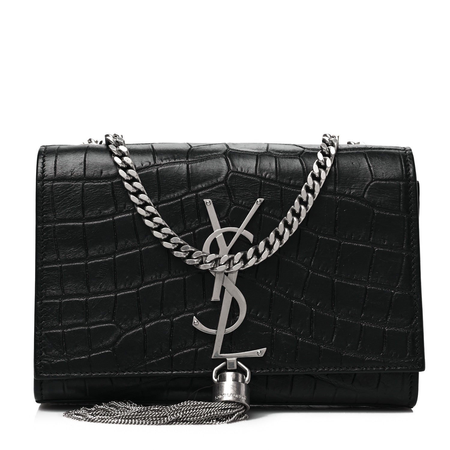 Saint Laurent Calfskin Crocodile Embossed Small Classic Monogram Kate Tassel Satchel Black 1 of 8