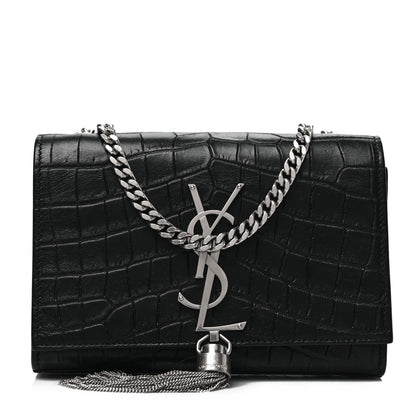 Saint Laurent Calfskin Crocodile Embossed Small Classic Monogram Kate Tassel Satchel Black 1 of 8