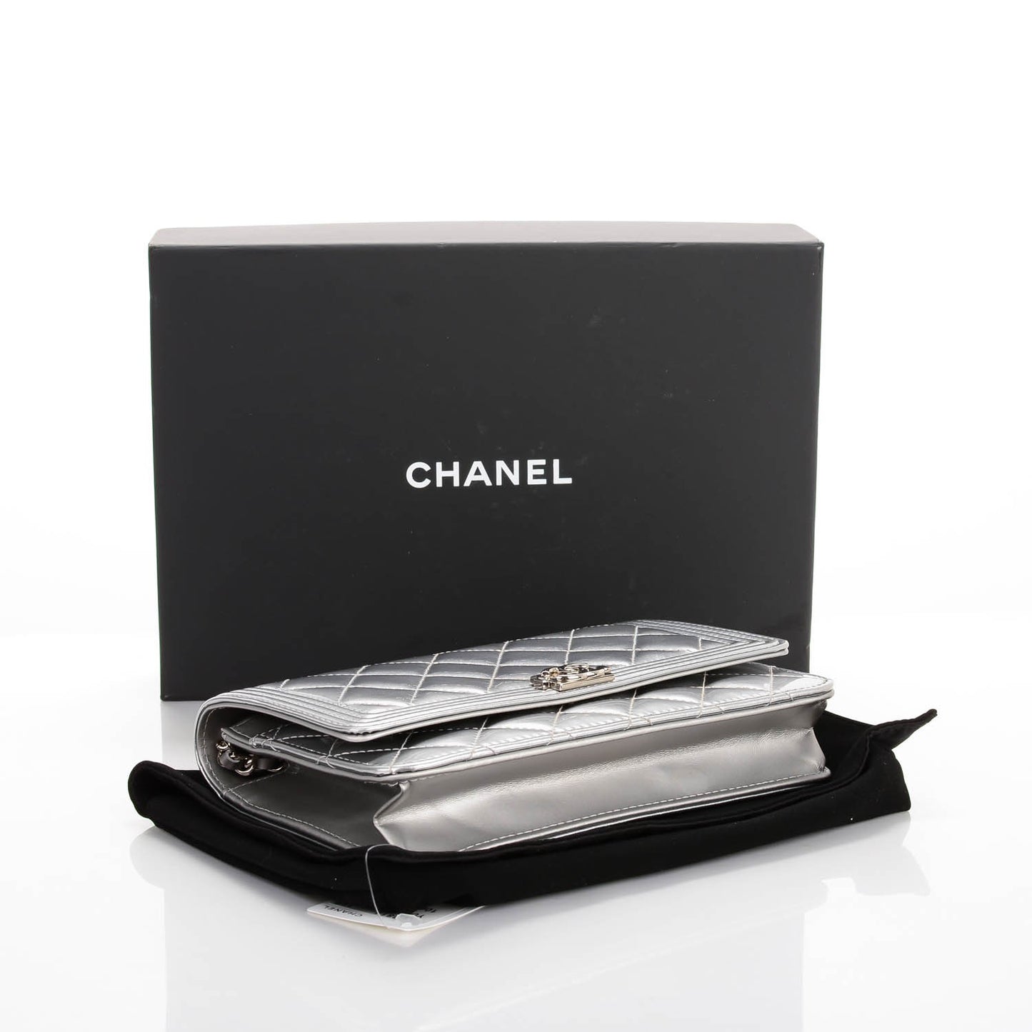 Metallic Patent Calfskin Quilted Boy Wallet on Chain WOC Silver
