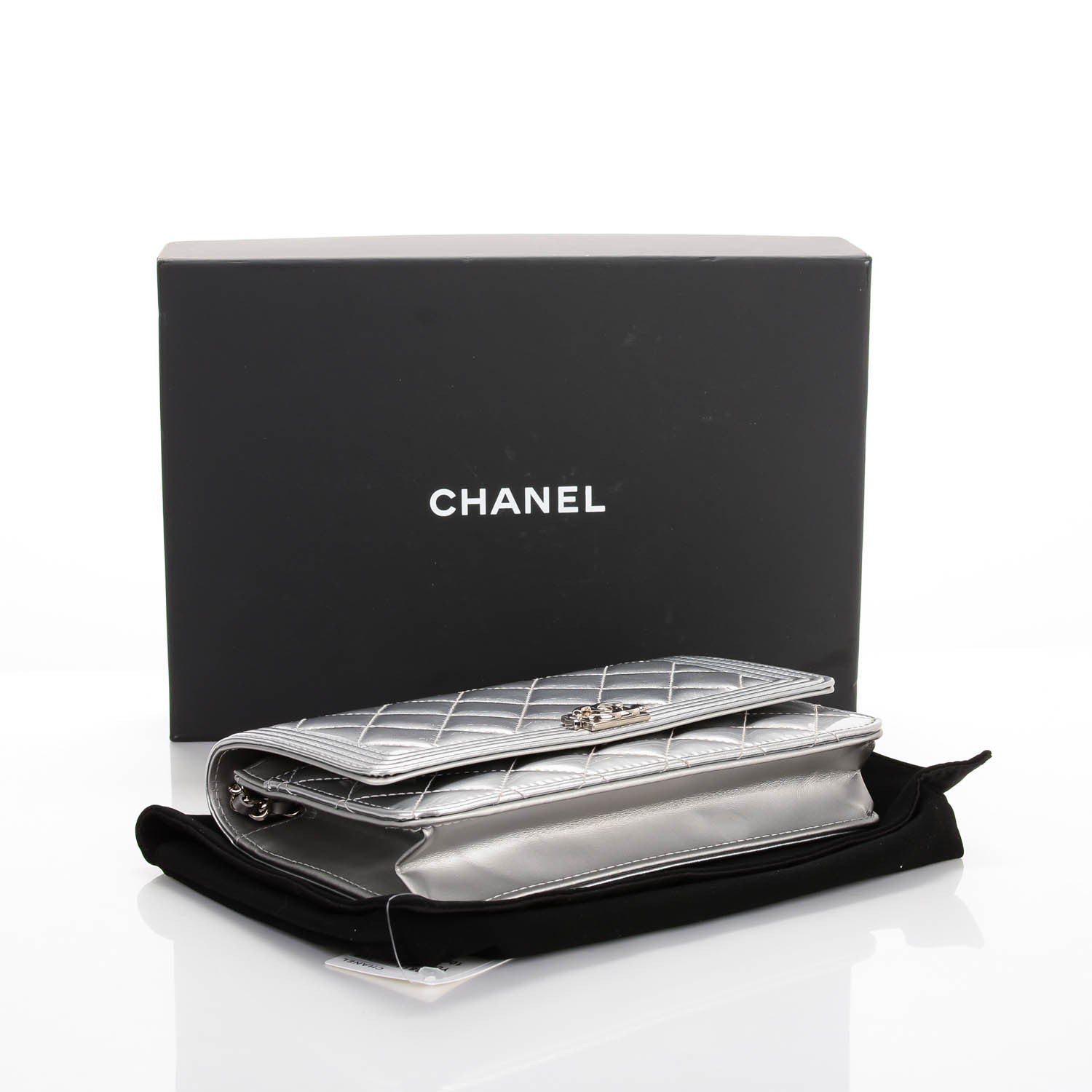 Chanel Metallic Patent Calfskin Quilted Boy Wallet on Chain WOC Silver 4 of 8