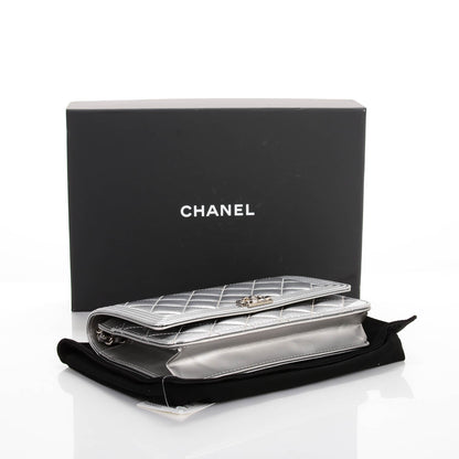 Chanel Metallic Patent Calfskin Quilted Boy Wallet on Chain WOC Silver 4 of 8