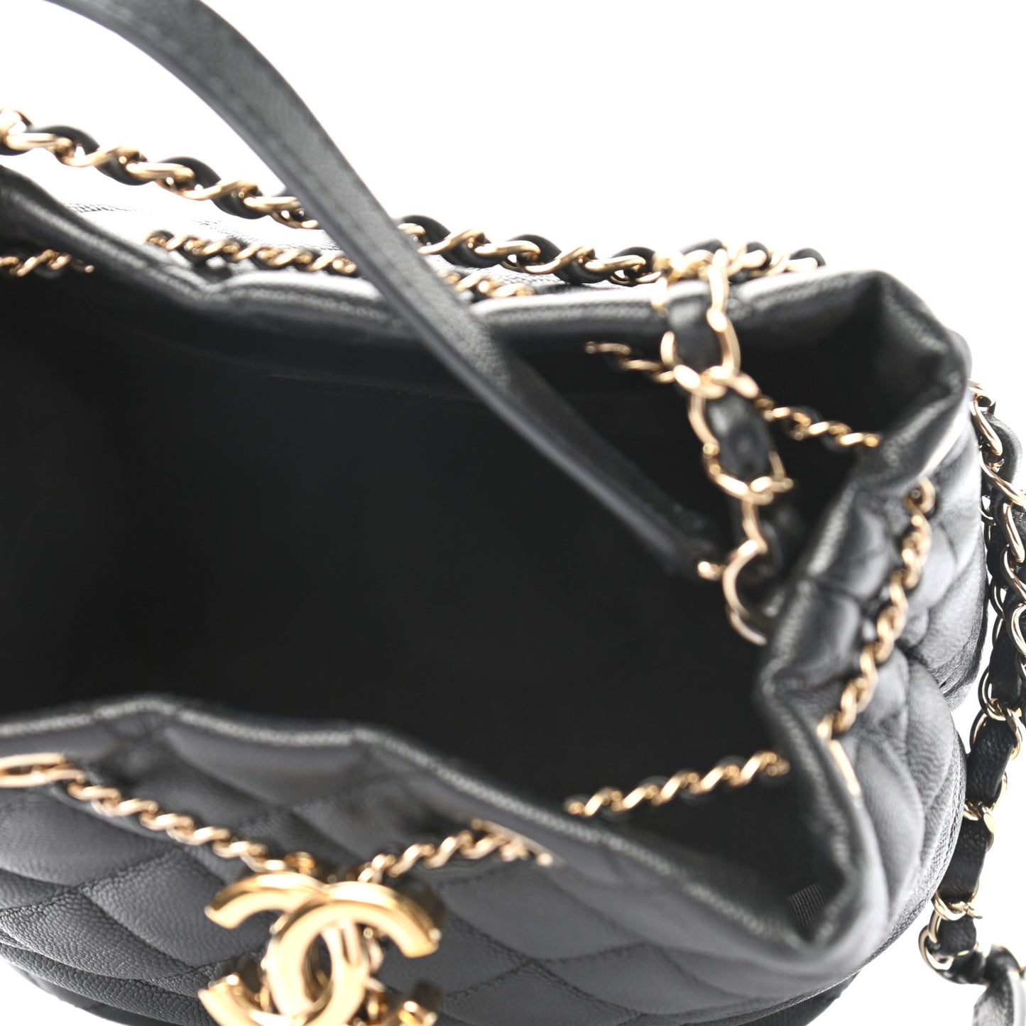 Caviar Quilted Rolled Up Bucket Drawstring Bag Black