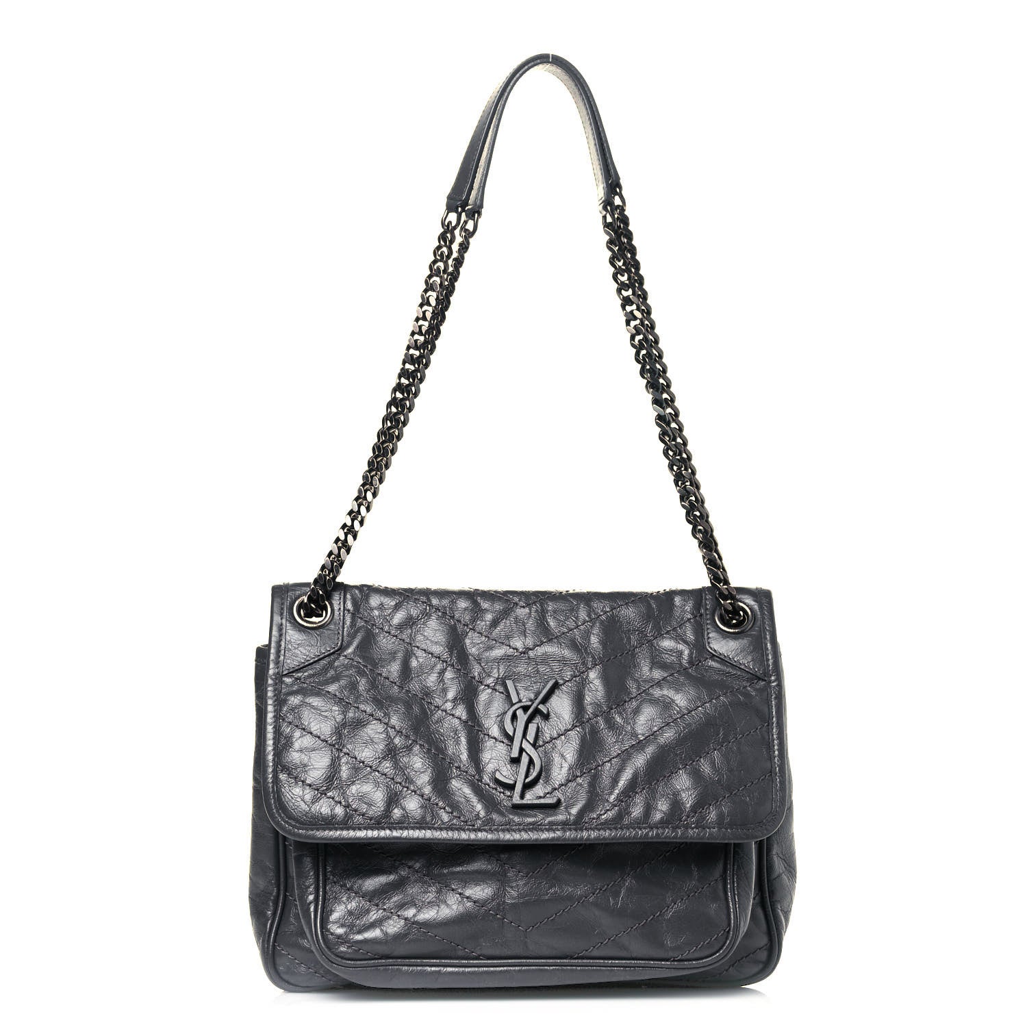 Saint Laurent Crinkled Calfskin Matelasse Monogram Medium Niki Chain Satchel Storm 1 of 12