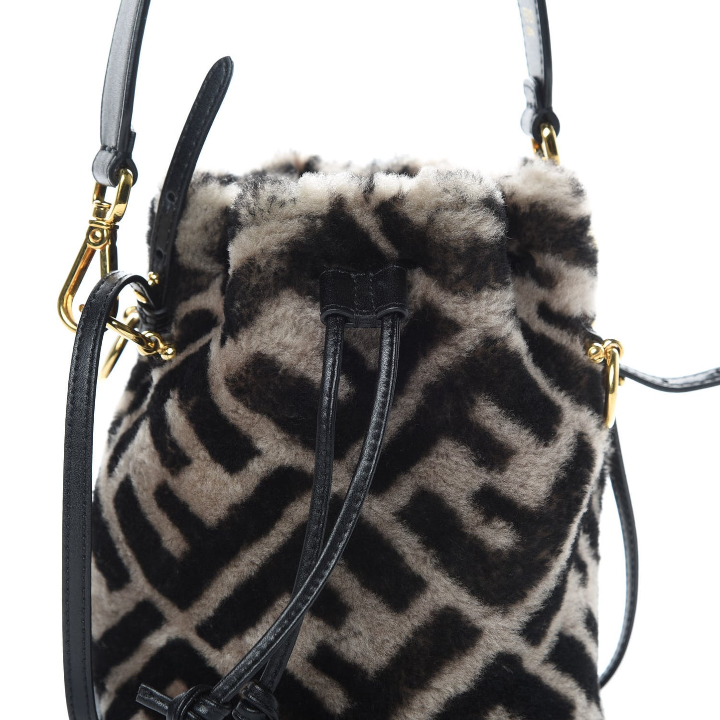 Shearling F is Fendi Macro FF 1974 Diagonal Mini Mon Tresor Bucket Bag Dove Black