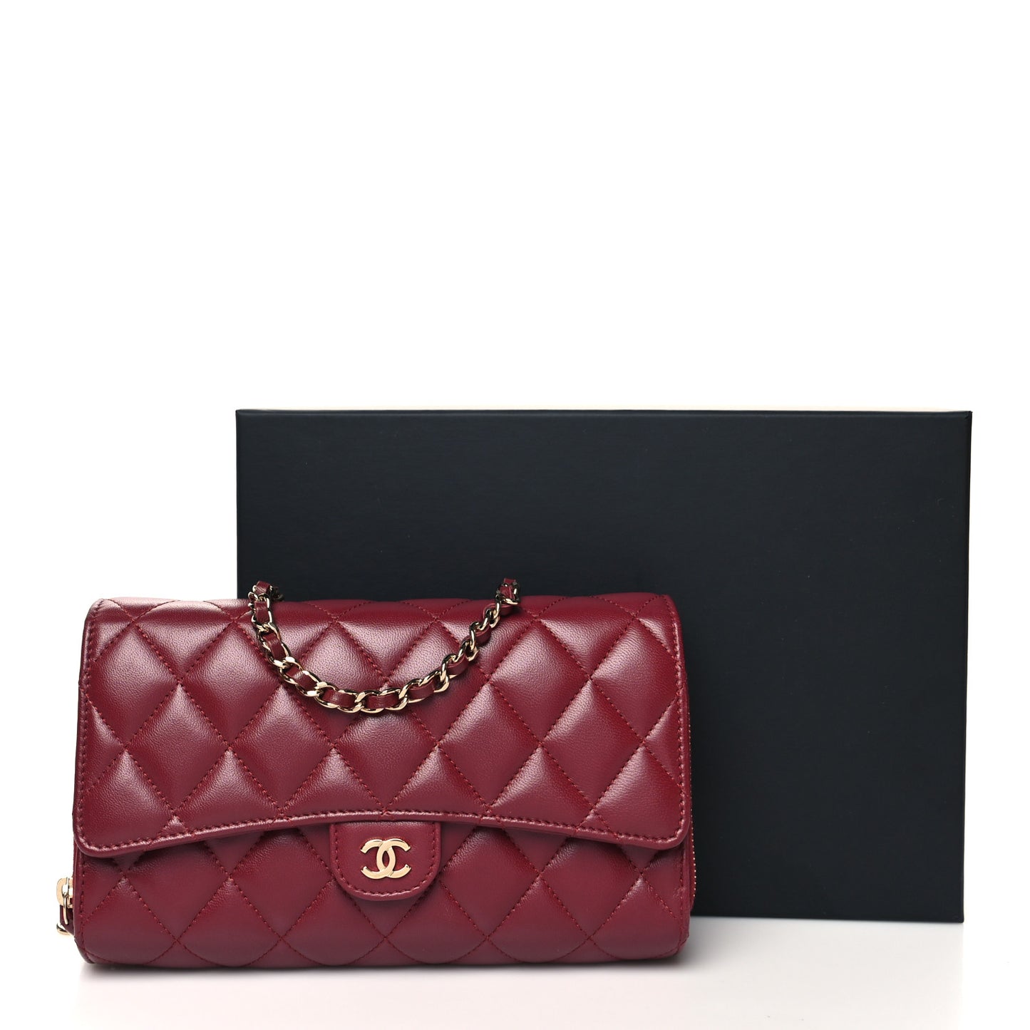 Lambskin Quilted Phone Holder Wallet on Removable Chain Burgundy