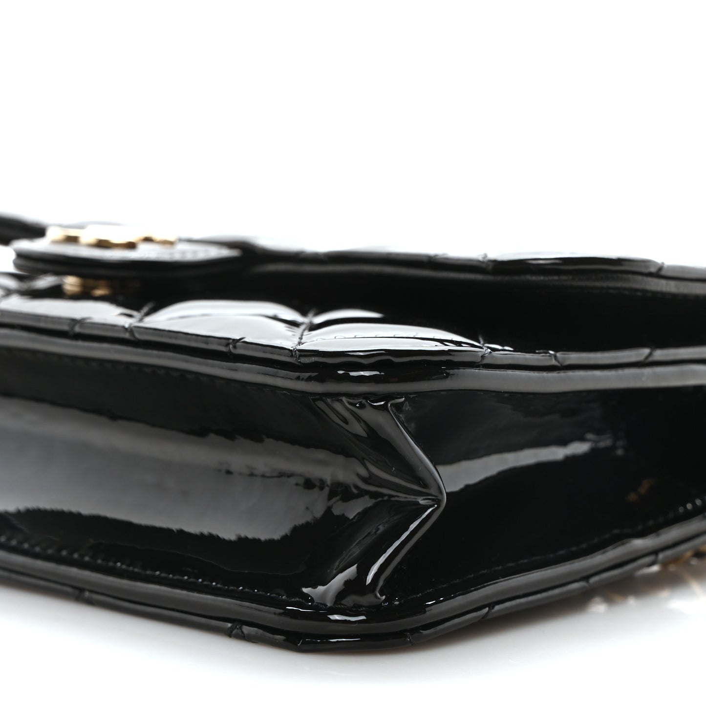 Patent Calfskin Quilted Flap Phone Holder With Chain Black