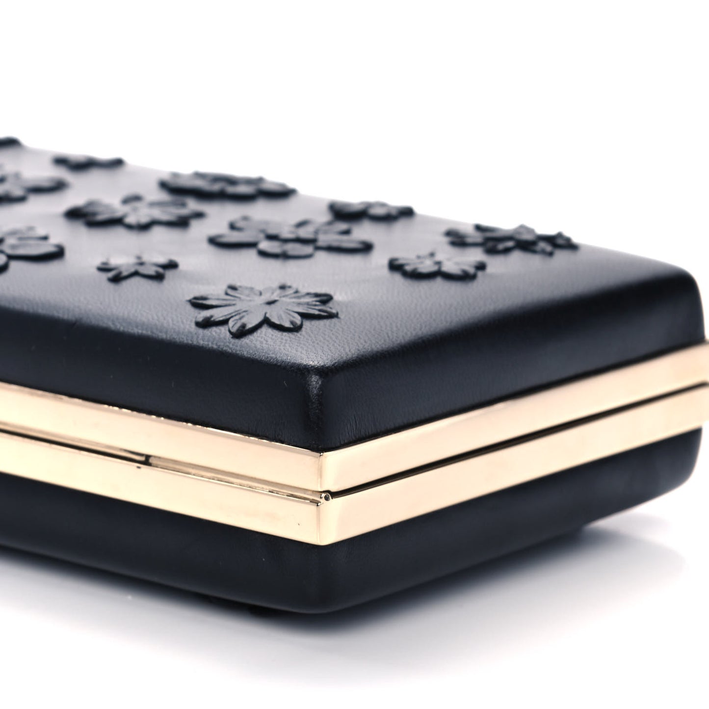 Nappa Floral Applique Minaudiere Clutch Black