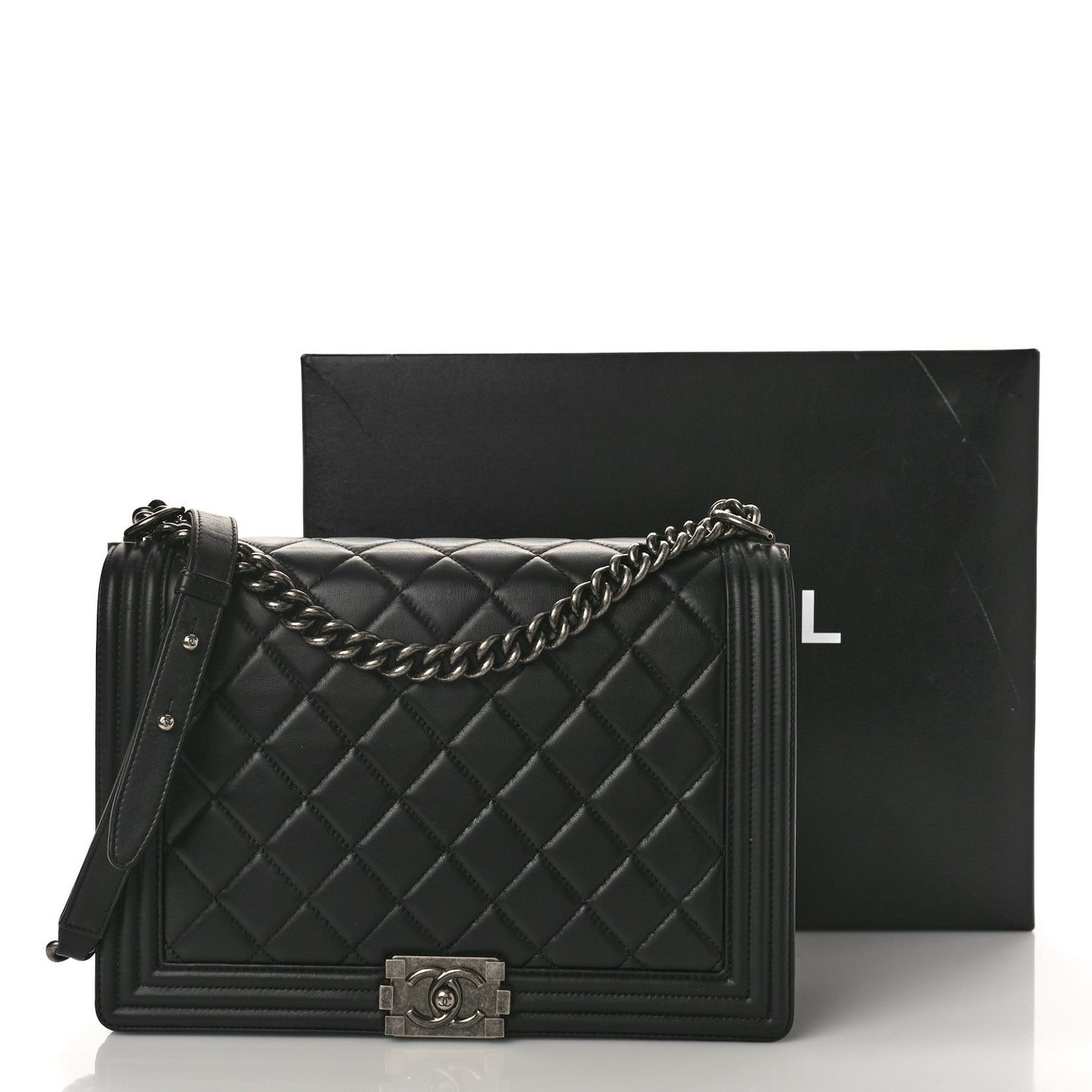 Calfskin Quilted Large Boy Flap Black