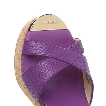 Jimmy Choo Matt Triangle Print Calfskin Embossed Cork Pandora Wedges 38 Purple 8 of 9