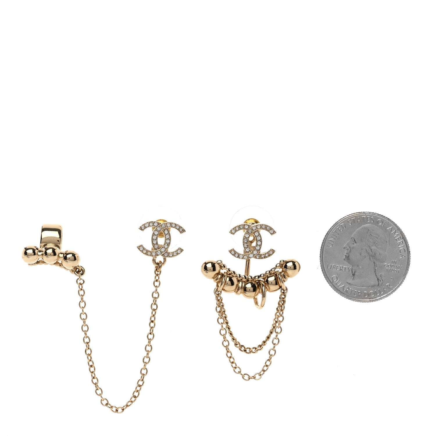 Chanel Metal Crystal CC Chain Cuff Earrings Gold 2 of 4