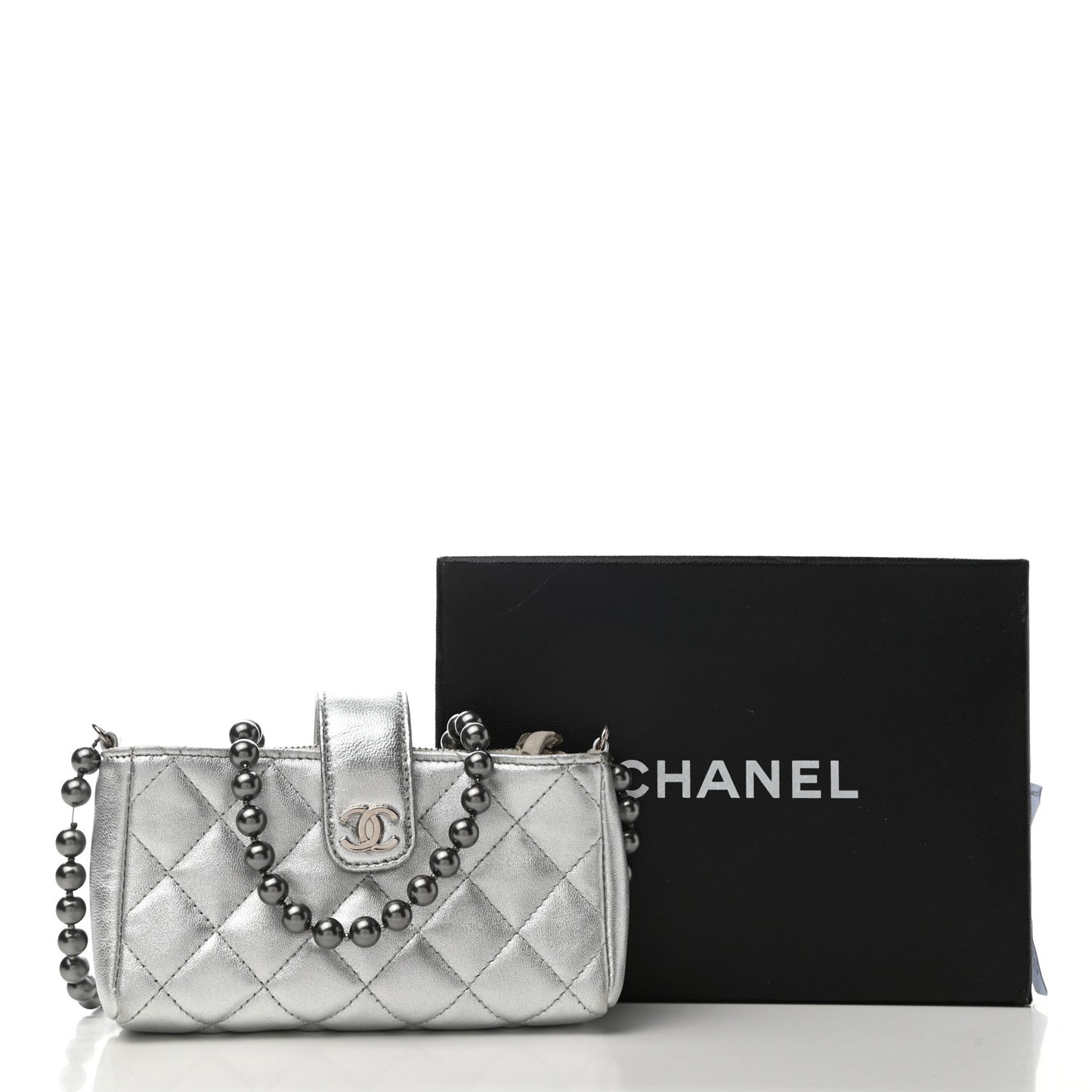 Metallic Lambskin Quilted Pearl Chain Mini Love Symbols Bag Silver
