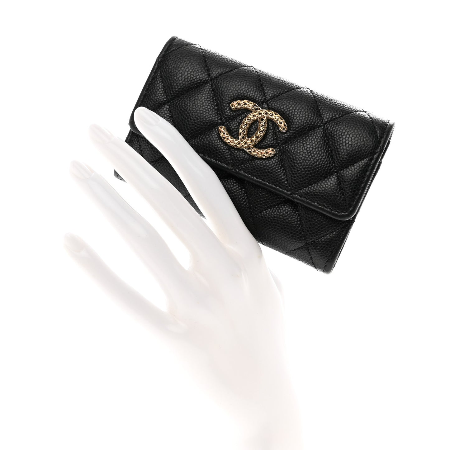 Caviar Metal Perforated Quilted CC Flap Card Holder Black