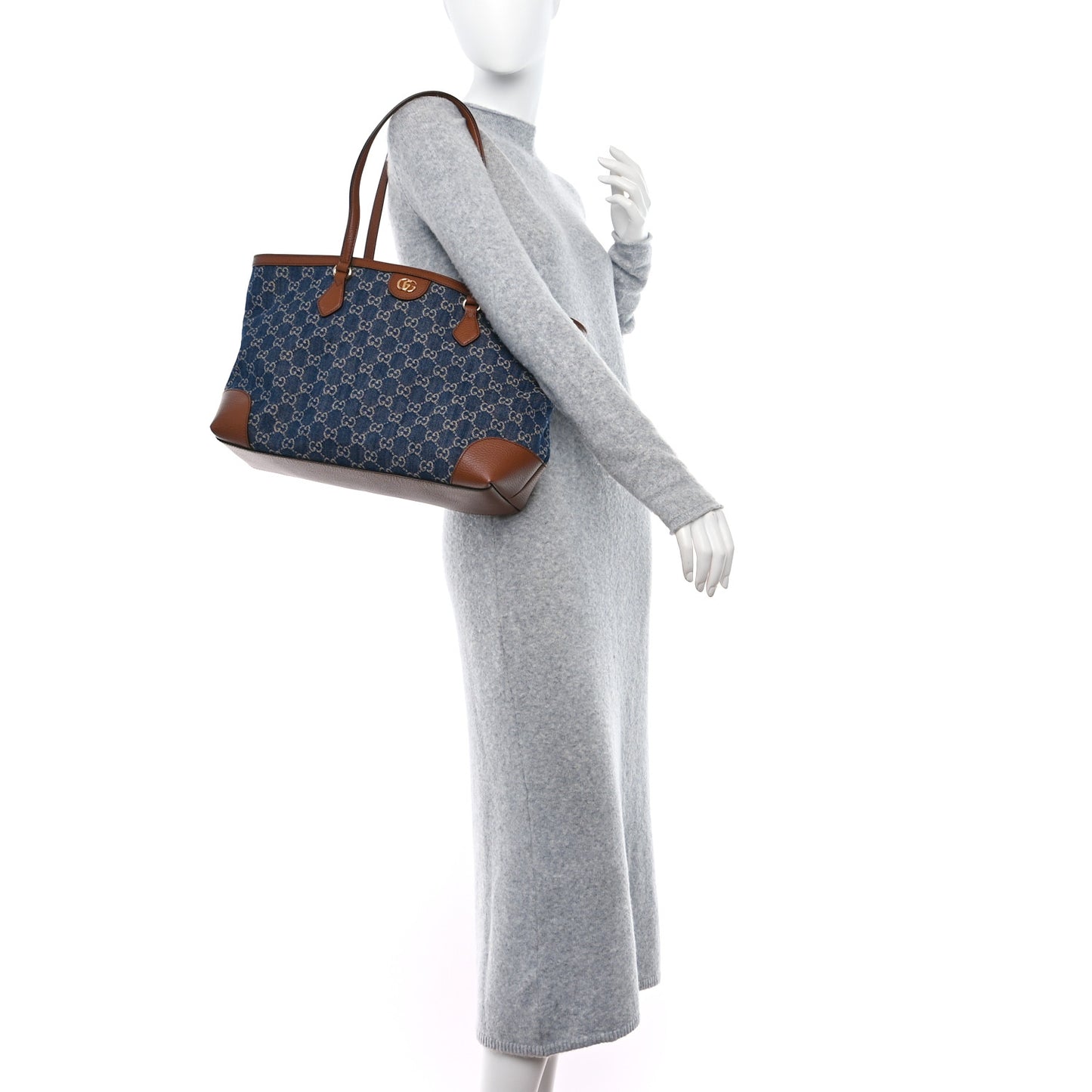 New Denim GG Monogram Medium Ophidia Shopping Tote Blue Tea Cuir
