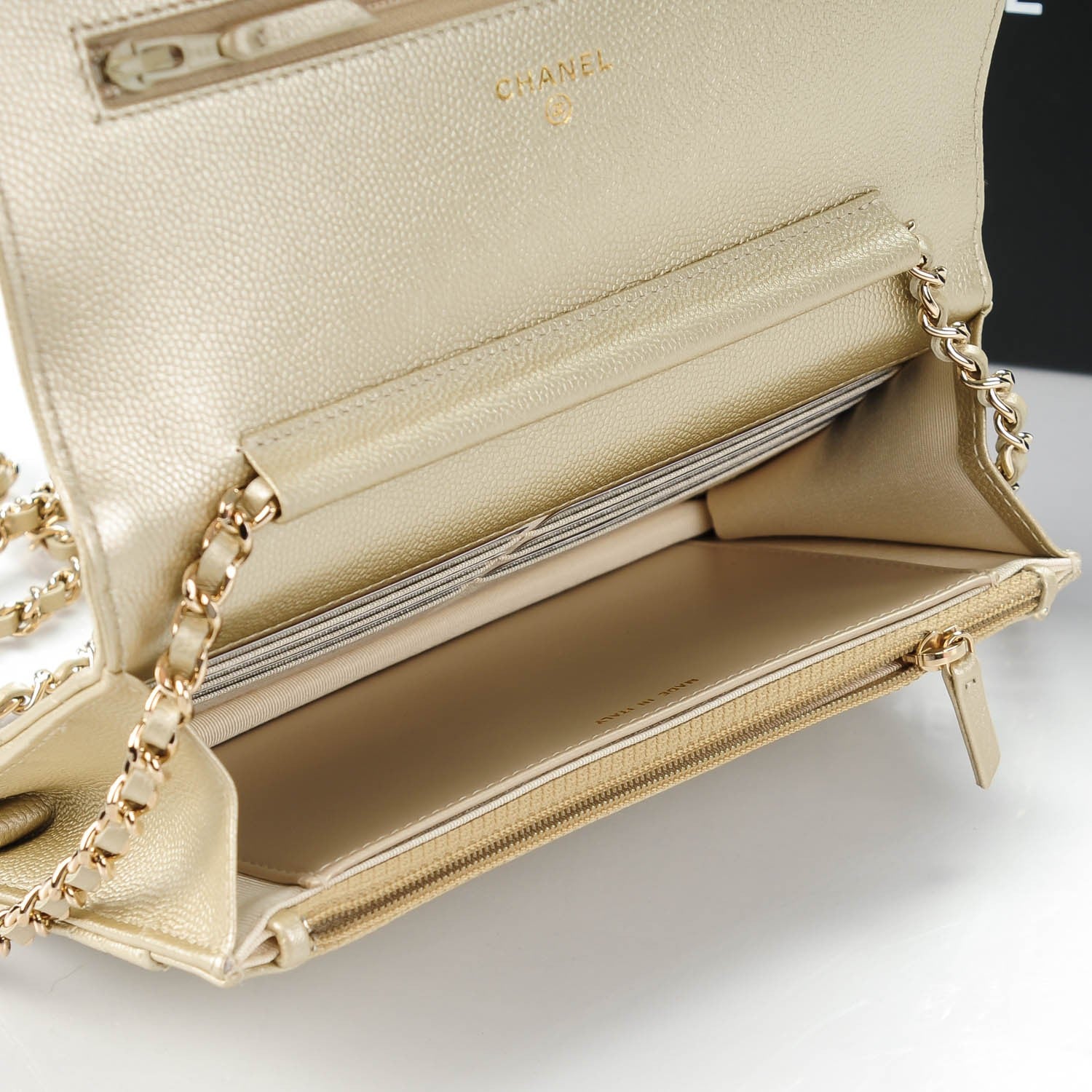 Chanel Pearly Caviar Quilted Wallet On Chain WOC Light Gold 5 of 8