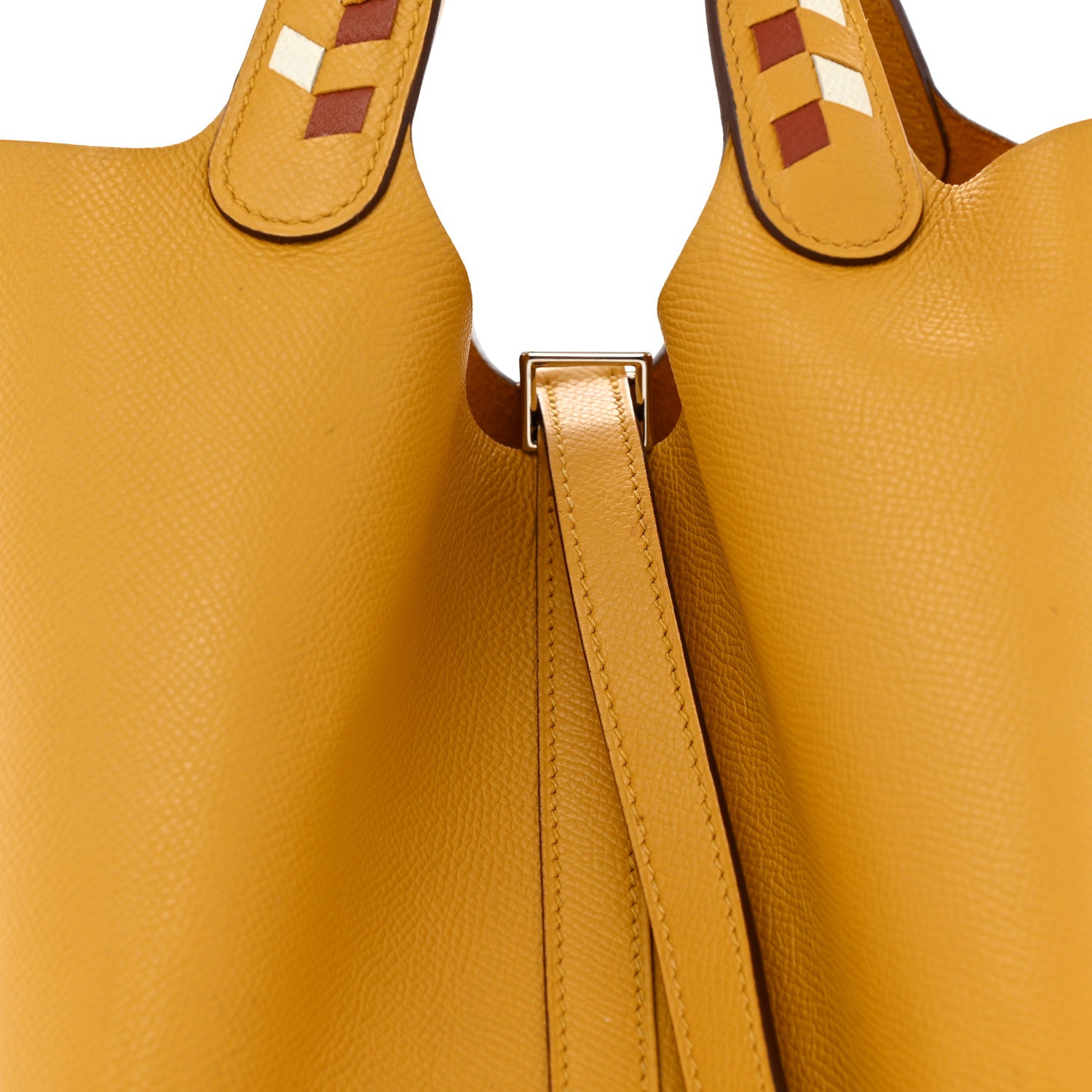 Hermes Epsom Tressage De Cuir Picotin Lock 22 MM Jaune Ambre Brique White 5 of 12