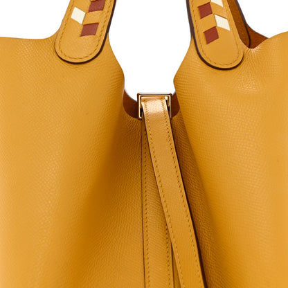 Hermes Epsom Tressage De Cuir Picotin Lock 22 MM Jaune Ambre Brique White 5 of 12
