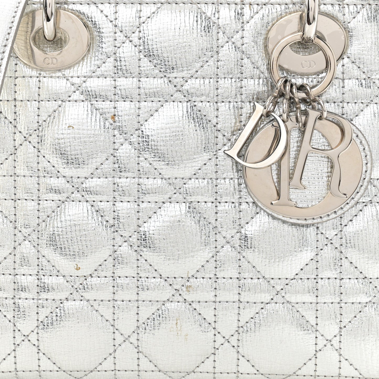 Metallic Lambskin Cannage Small Lucky Badges Lady Dior Silver
