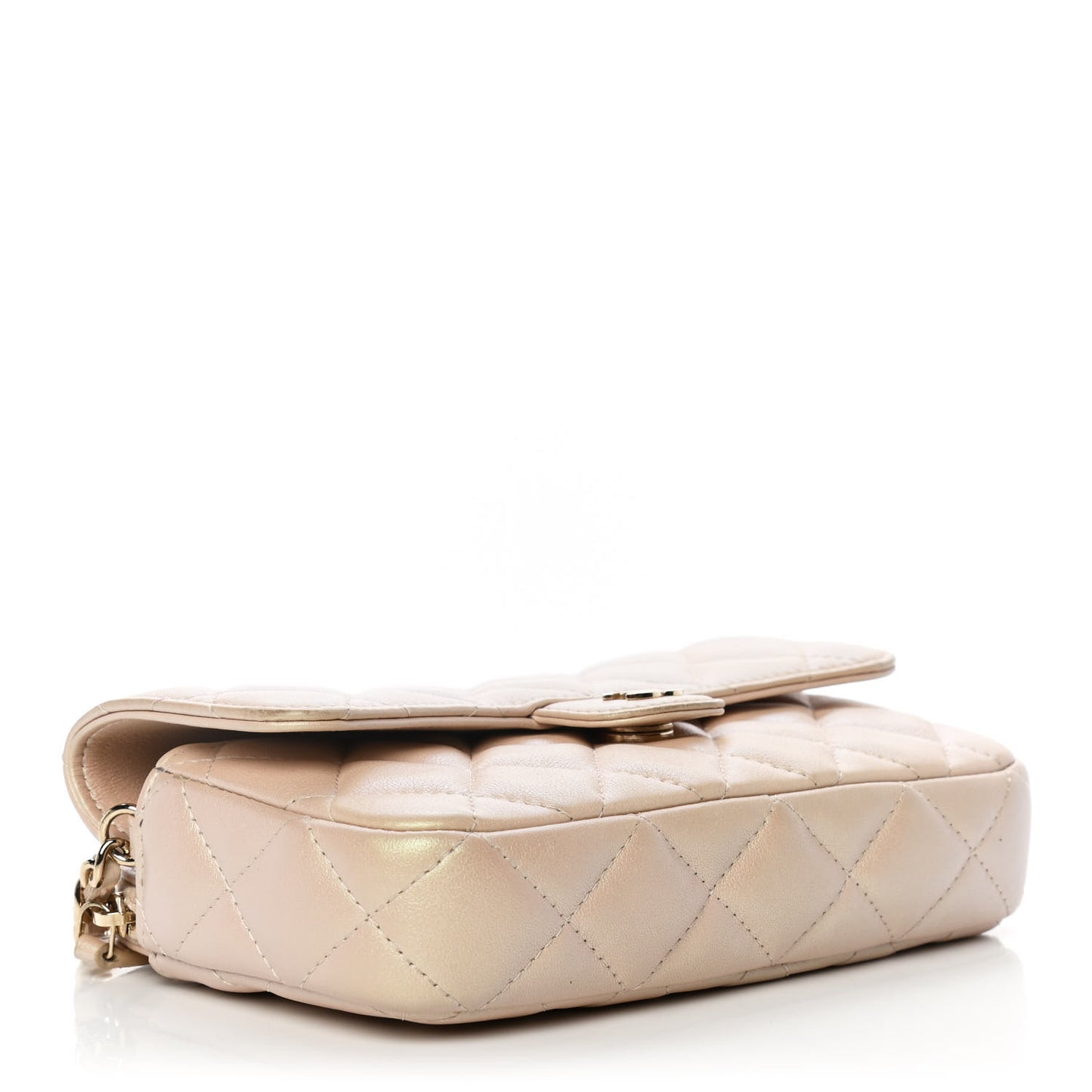 Iridescent Lambskin Quilted Flap Phone Holder With Chain Beige