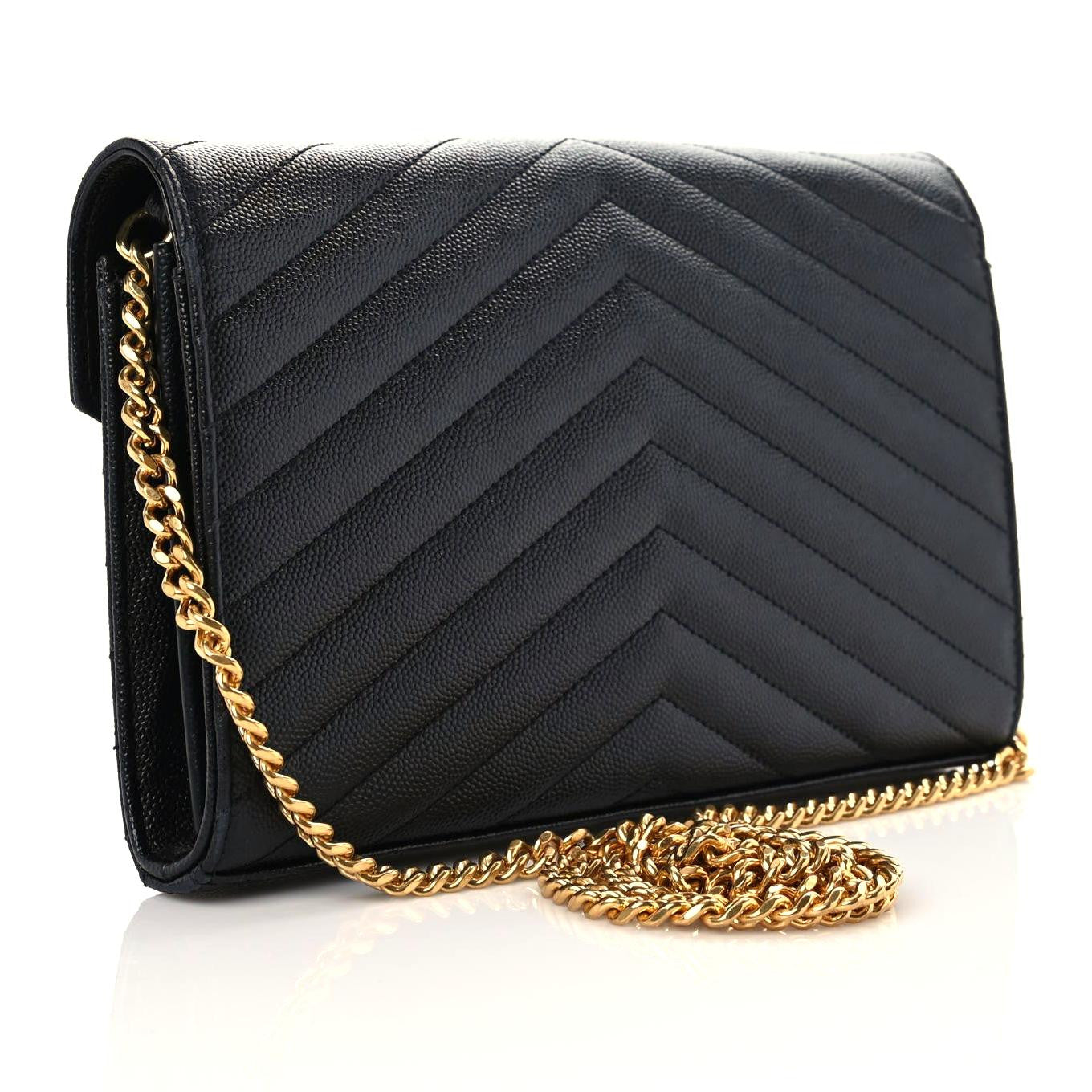Saint Laurent Grain De Poudre Matelasse Chevron Monogram Chain Wallet Black 3 of 14