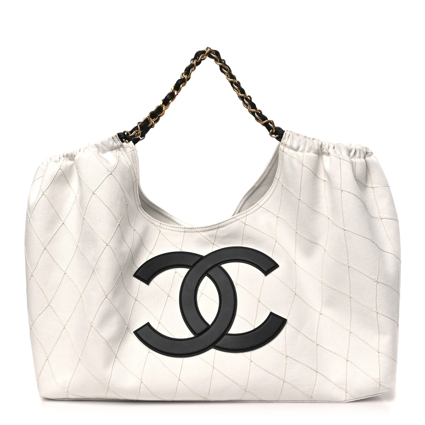 Denim Calfskin Quilted Coco Beach Small Shopping Tote White Black