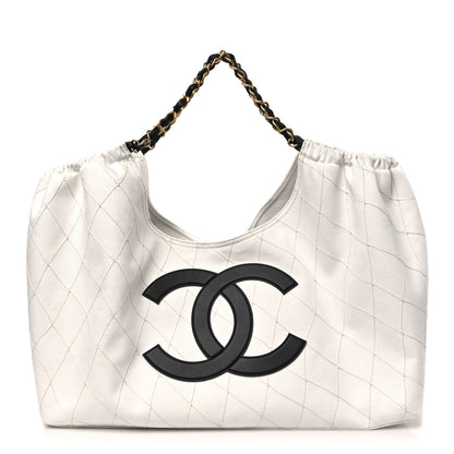 Chanel Denim Calfskin Quilted Coco Beach Small Shopping Tote White Black 1 of 11