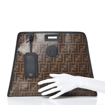 Fendi Glazed Fabric Vitello Century FF 1974 Stamp Patch Medium Peekaboo Defender Cover Mogano Panna Black 2 of 9
