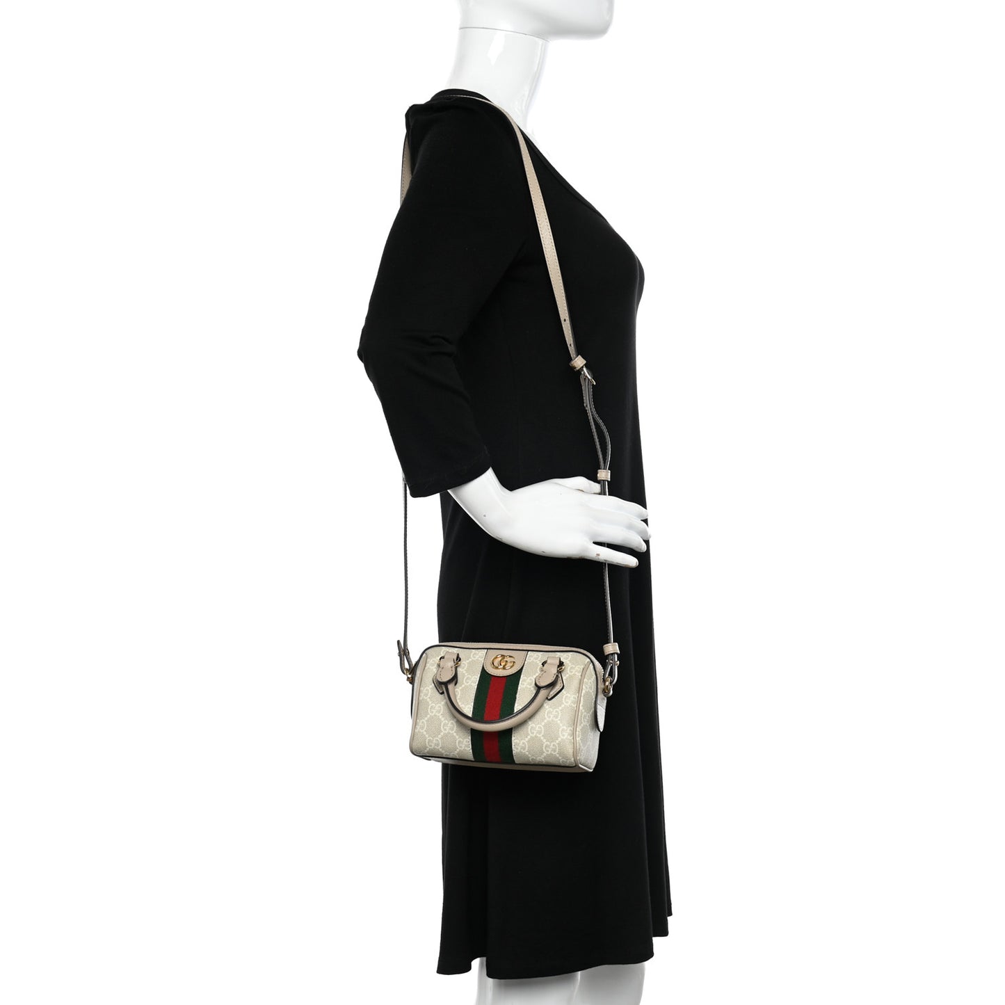 GG Supreme Monogram Textured Dollar Calfskin Web Super Mini Ophidia Top Handle Bowler Bag Beige Mystic White Oatmeal