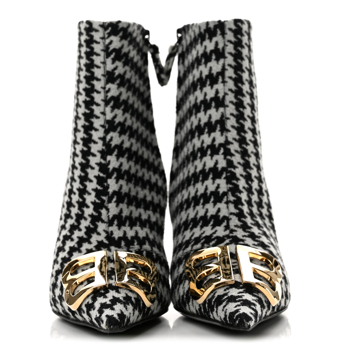 Wool Houndstooth BB Pointy Toe Ankle Booties 38 Black Ivory