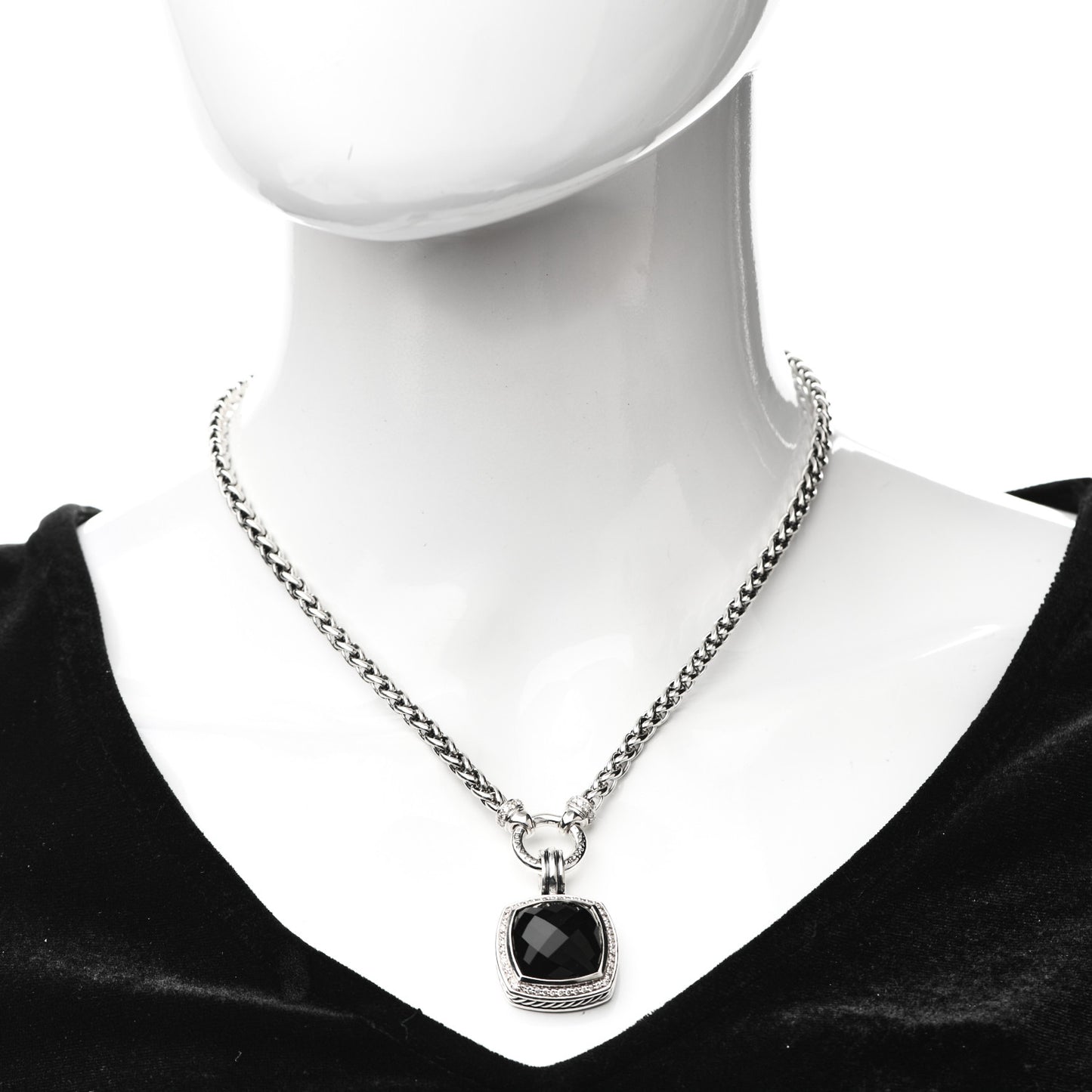 Sterling Silver Diamond Black Onyx 16mm Albion Wheat Chain Pendant Necklace