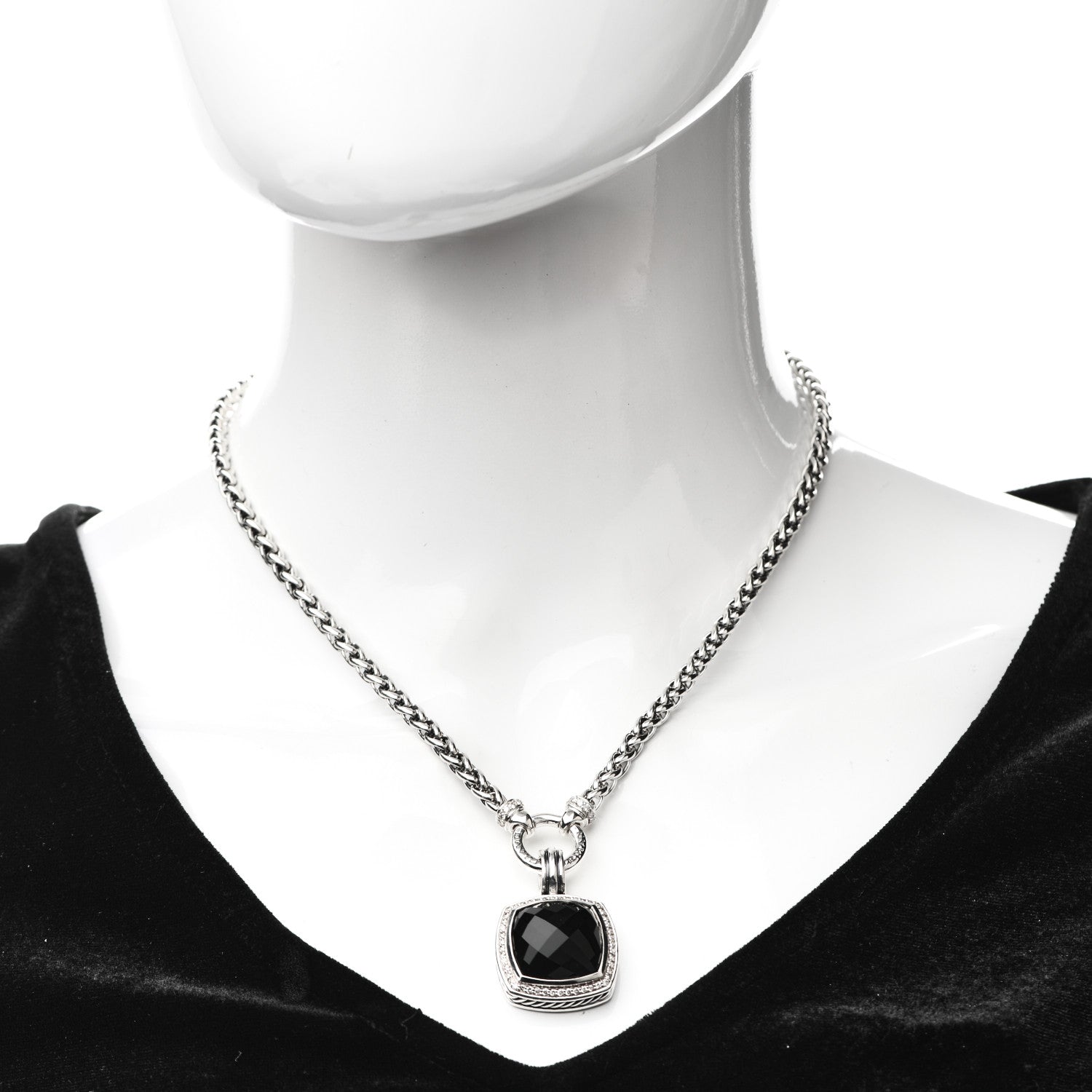 David Yurman Sterling Silver Diamond Black Onyx 16mm Albion Wheat Chain Pendant Necklace 2 of 5