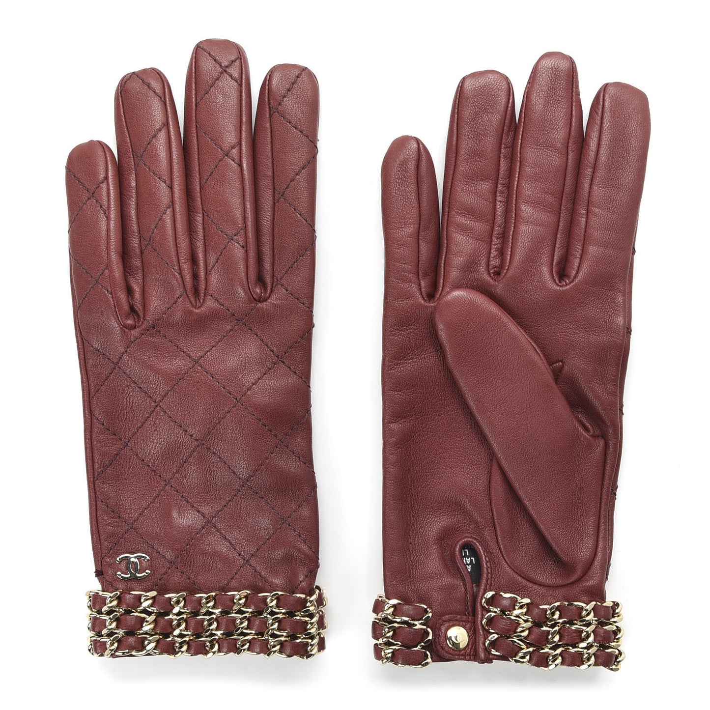 Lambskin Stitched Chain CC Gloves 7.5 Burgundy