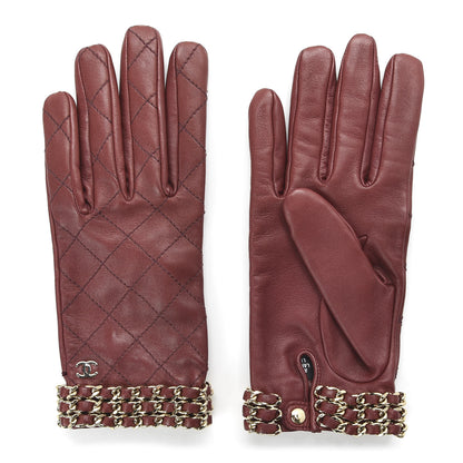 Chanel Lambskin Stitched Chain CC Gloves 7.5 Burgundy 1 of 6