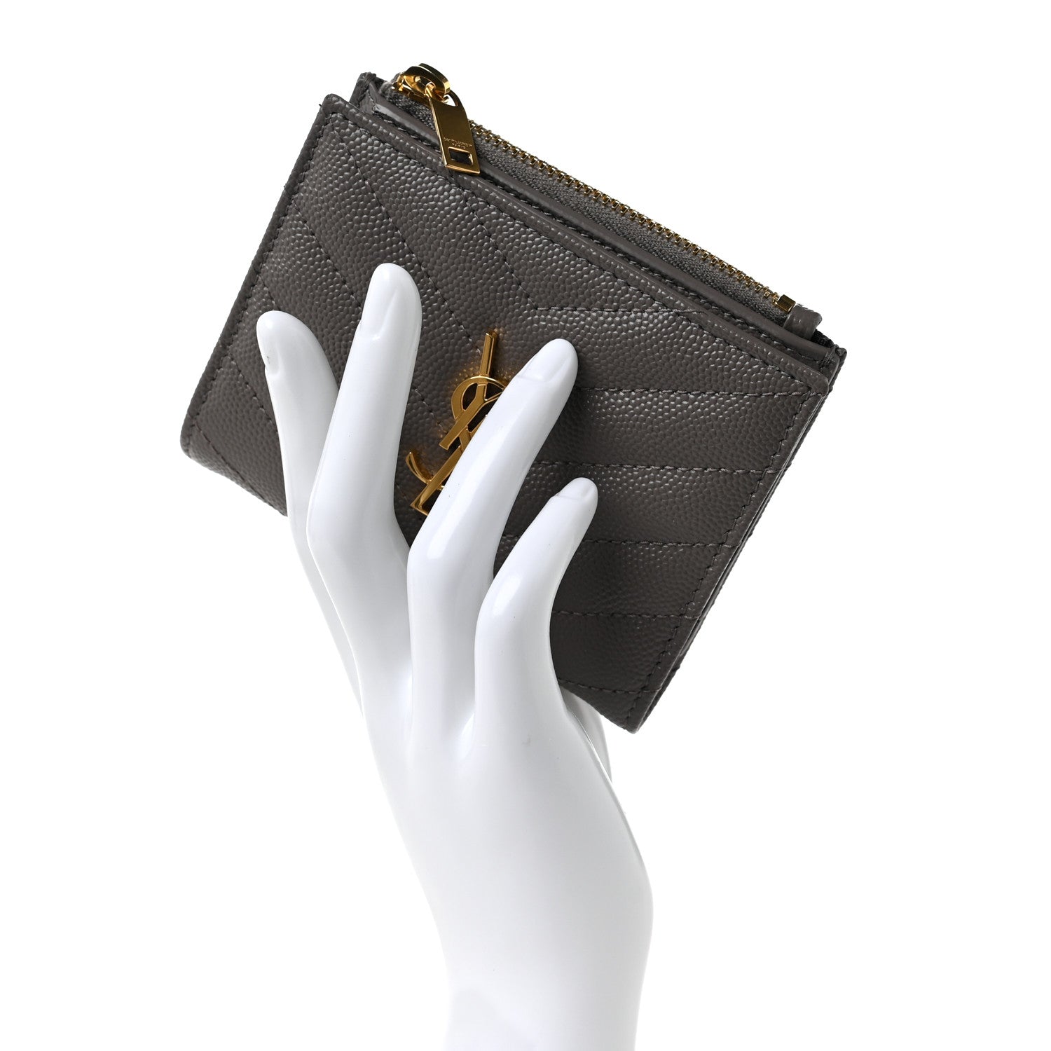 Saint Laurent Grain De Poudre Matelasse Chevron Monogram Zipped Card Case Tech Fog 2 of 9