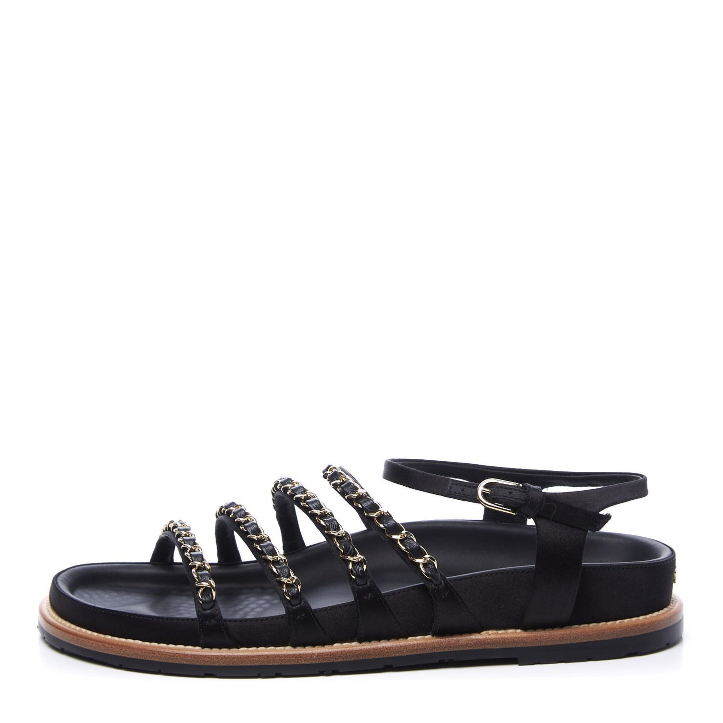 Satin Lambskin Chain Flat Sandals 38.5 Black