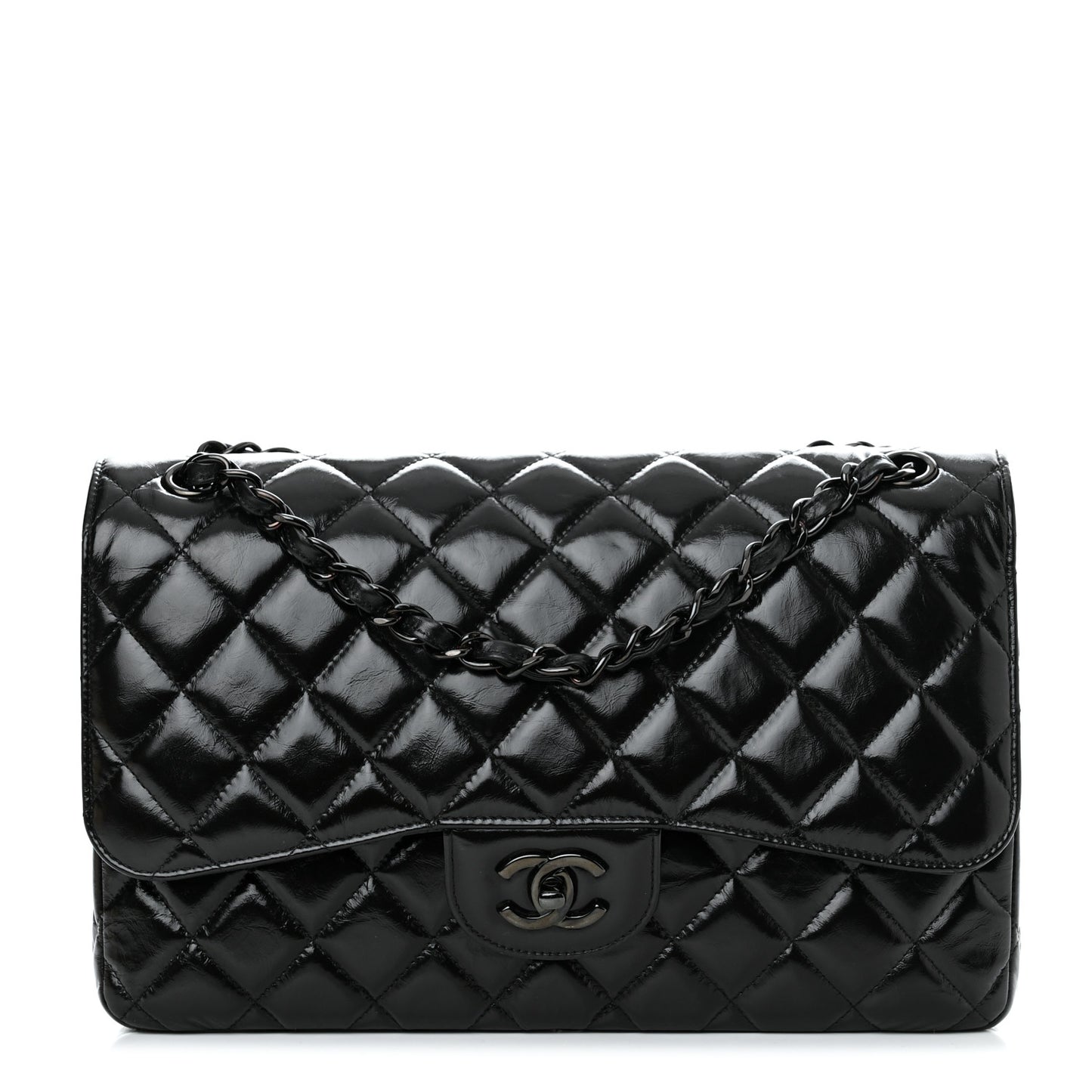 Shiny Distressed Calfskin Quilted Jumbo Double Flap So Black
