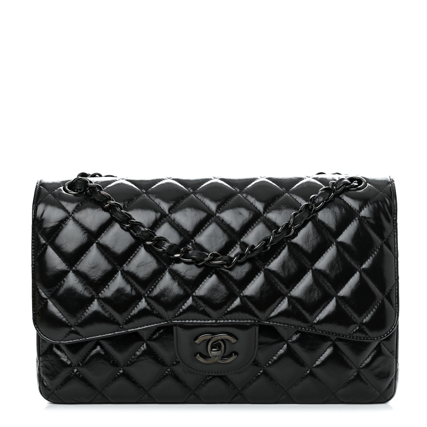 Chanel Shiny Distressed Calfskin Quilted Jumbo Double Flap So Black 1 of 11