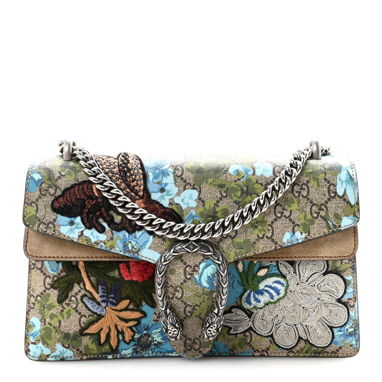 Gucci GG Supreme Monogram Blooms Print Embroidered Small Dionysus Shoulder Bag Blue Taupe 1 of 10