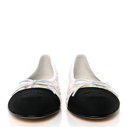 Chanel Tweed Sequin Grossgrain Cap Toe Ballerina Flats 40 Ecru Multicolor Black 2 of 10