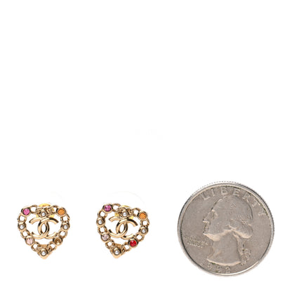 Chanel Pearl Crystal CC Heart Earrings Gold Multicolor 2 of 4