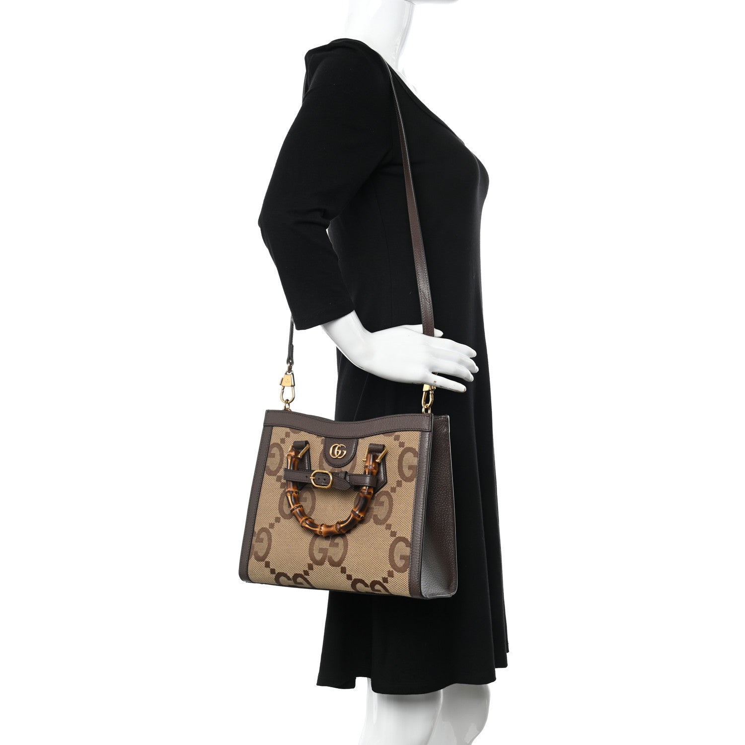 Gucci Monogram Jumbo GG Textured Dollar Calfskin Small Diana Tote Bag Camel Ebony New Acero 2 of 14