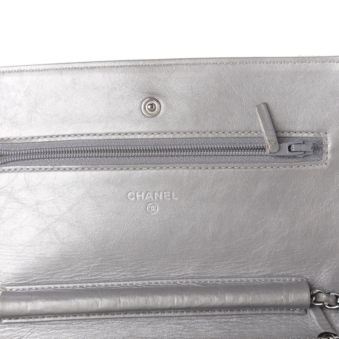 Metallic Aged Calfskin Quilted Wallet On Chain WOC Silver