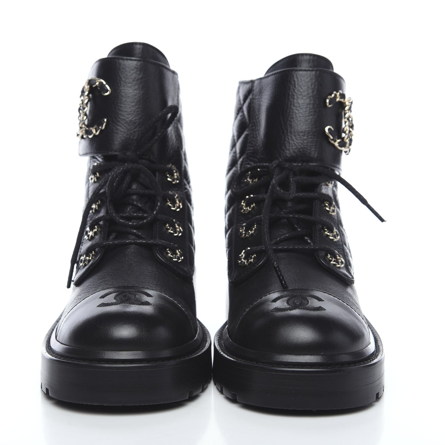 Shiny Goatskin Calfskin Quilted Lace Up Combat Boots 37.5 Black