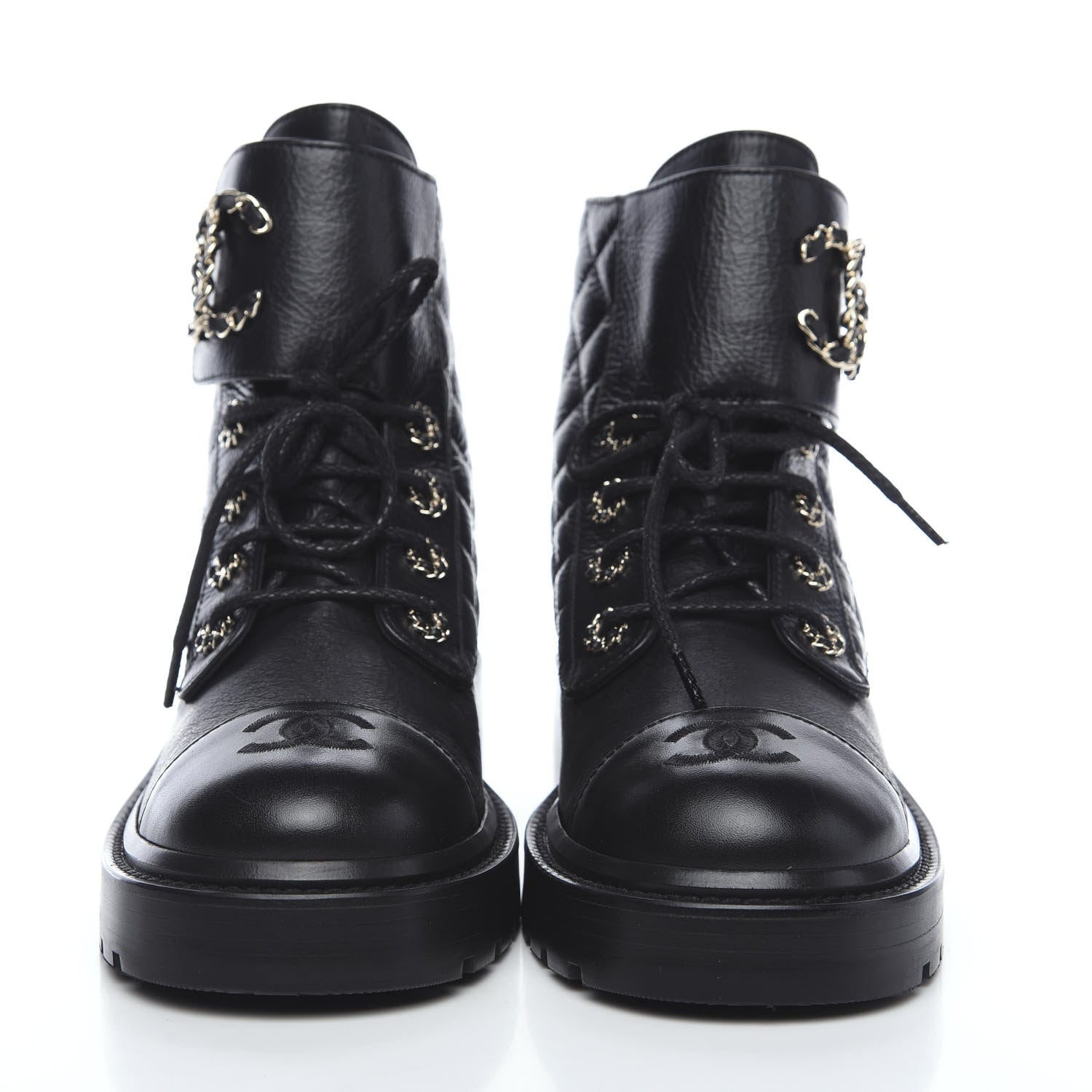 Chanel Shiny Goatskin Calfskin Quilted Lace Up Combat Boots 37.5 Black 2 of 9
