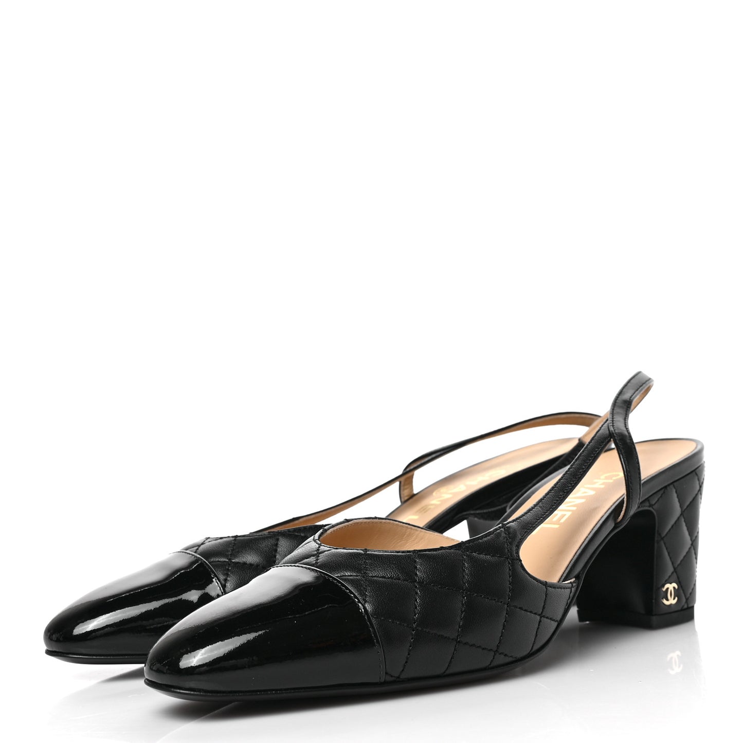 Lambskin Patent Calfskin Quilted Cap Toe CC Slingback Pumps 40 Black
