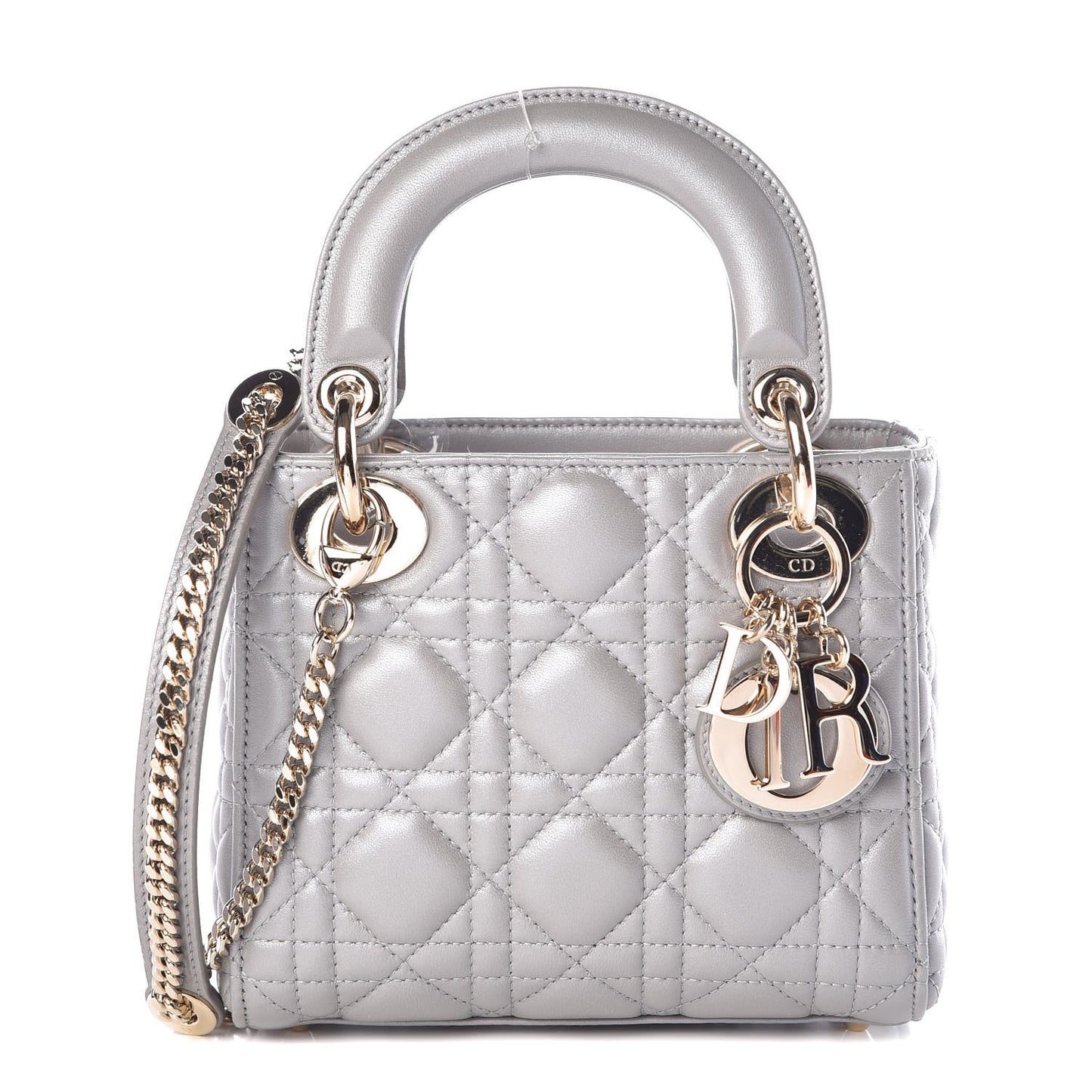 Metallic Lambskin Cannage Mini Lady Dior Grey
